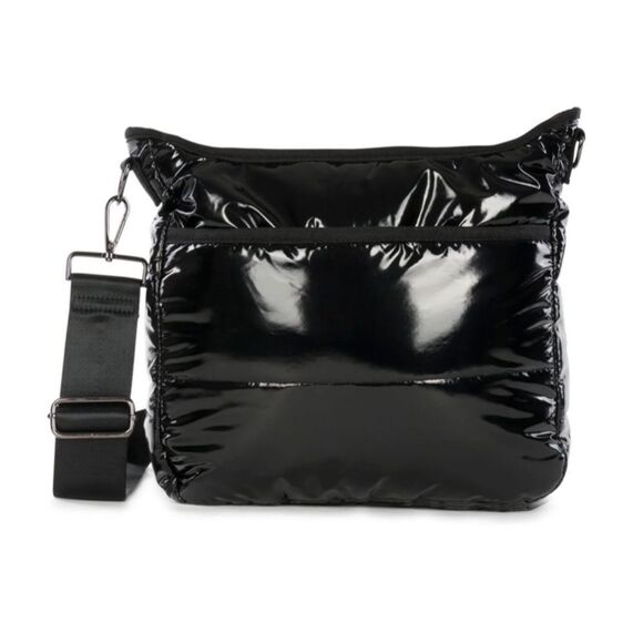 Black Quilted Puffer NWT - Shiny - Crossbody - Adjustable Strap - Pockets - Picture 1 of 5